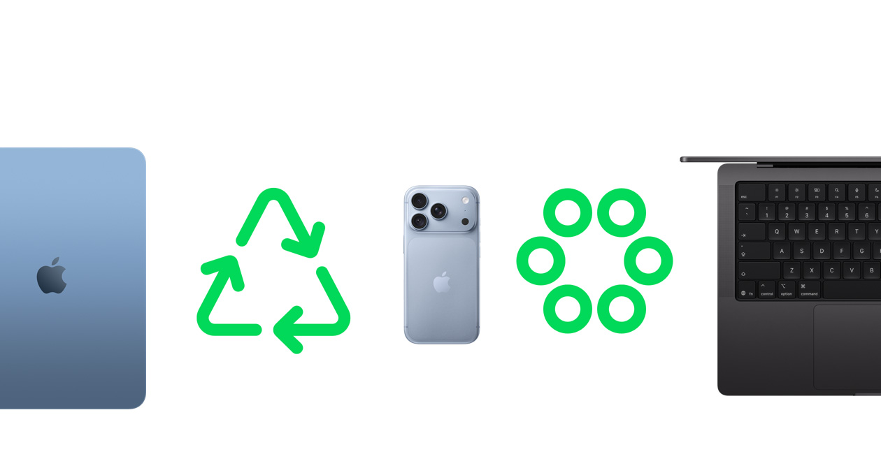iPad Air back, blue, green recycling icon, iPhone 18 Pro back, blue, green circular materials icon, MacBook Pro keyboard, partial view, Space Black