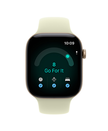 Apple Watch Series 12, aluminum case, light gold color, Ready app with readiness score 8, Sport Band, pale succulent color (light yellow-green)