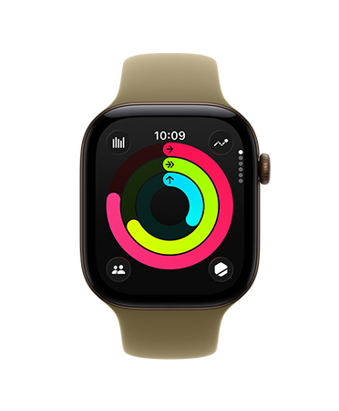 Apple Watch Series 12, aluminum case, dark bronze color, Activity rings screen, move, exercise, and stand metrics, Sport Band, olive color (earthy green)