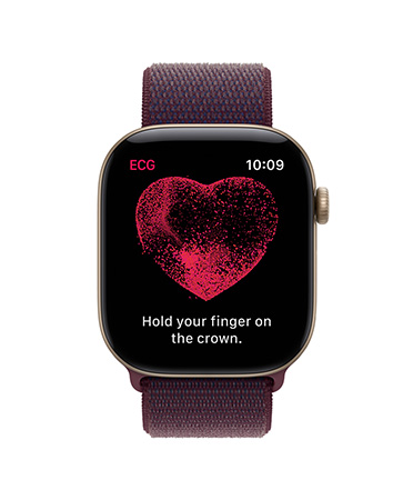 Apple Watch Series 12, aluminum case, light gold color, ECG app, instructions on screen to hold finger on Digital Crown to begin ECG reading, red heart in the middle of screen, Sport Loop band, burgundy color
