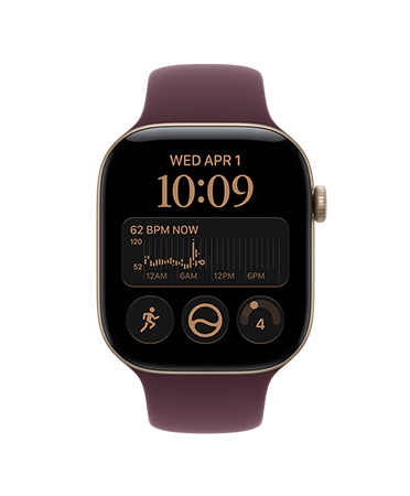 Apple Watch Series 12, screen shows heart rate app, health and fitness icons, aluminum case, light gold color, connected to Sport Band, burgundy color