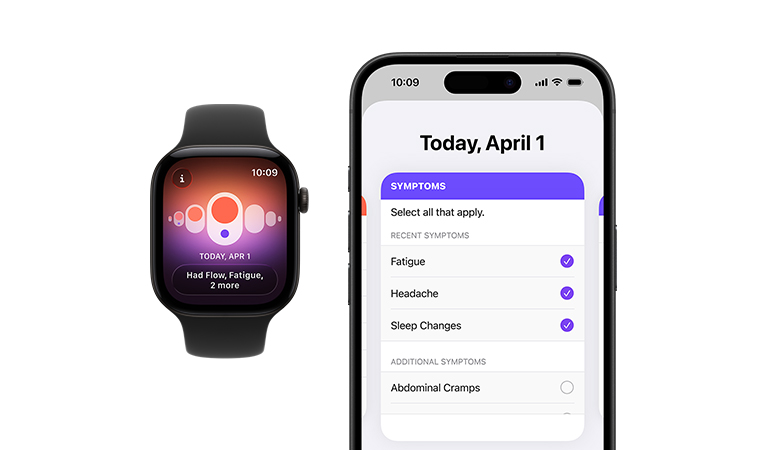 Apple Watch Series 12, titanium case, natural color, Sport Band, black color, Cycle Tracking app, daily symptoms selector open on paired iPhone