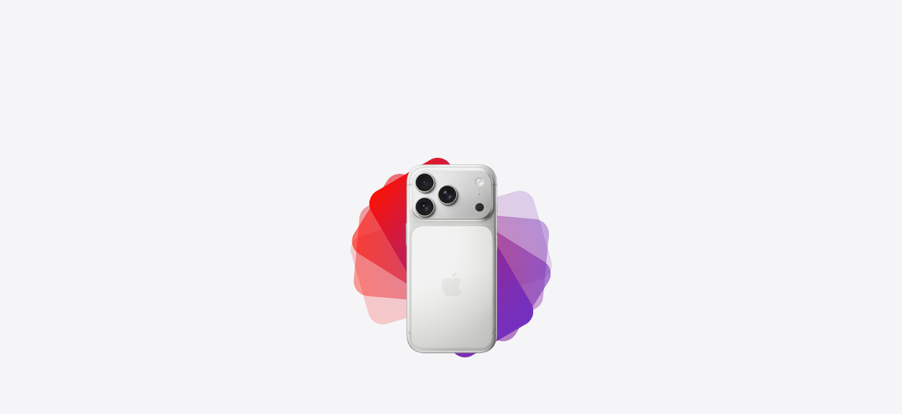 iPhone 18 Pro, back exterior, iPhone silhouette fans out from behind into spectrum of purple and red colors