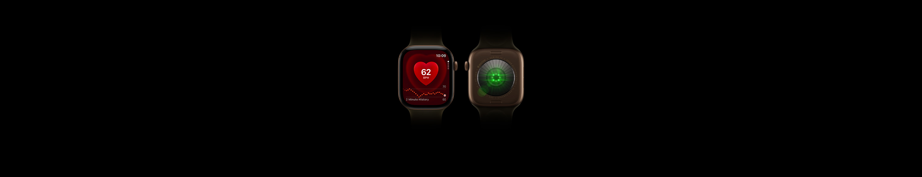Two Apple Watch Series 12 devices, aluminum case, dark bronze color, olive Sport Band, one showing front of watch with Heart Rate app, one showing back of watch with Health Sensing System with glowing green LED lights