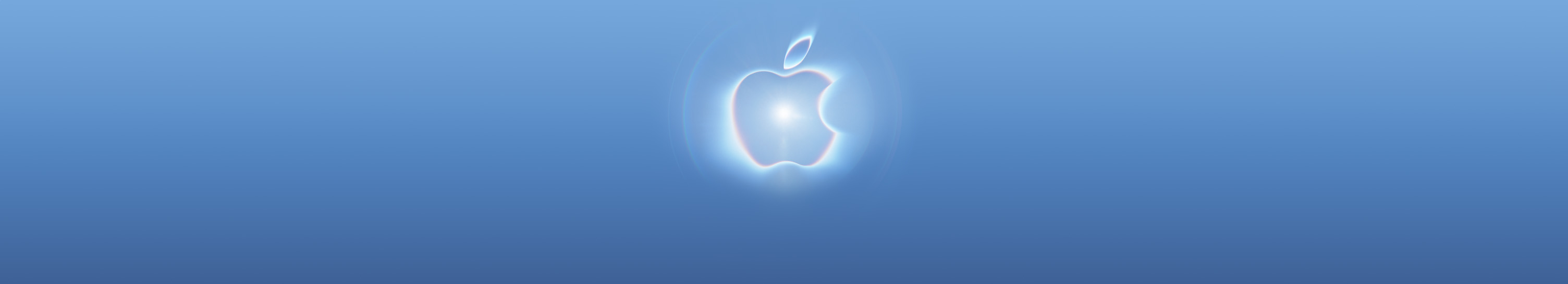 Apple logo with a glowing neon effect in blue and pink hues, a bright white flare at its centre, on a gradient background