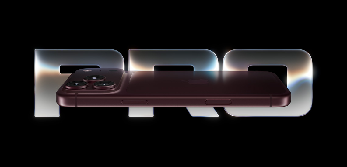 iPhone 18 Pro, angle view, behind it are bold letters 'PRO' in color metallic