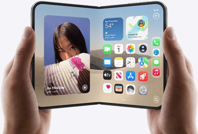Two hands hold an open iPhone Duo, left screen displays a photo of a woman, right screen shows a home screen with various app icons, including Messages, Photos, Camera, and App Store