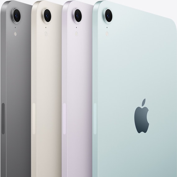 Bagsider og kameraer på fire iPad mini-modeller vises i de tilgængelige farver: space grey, stjerneskær, lilla og blå.