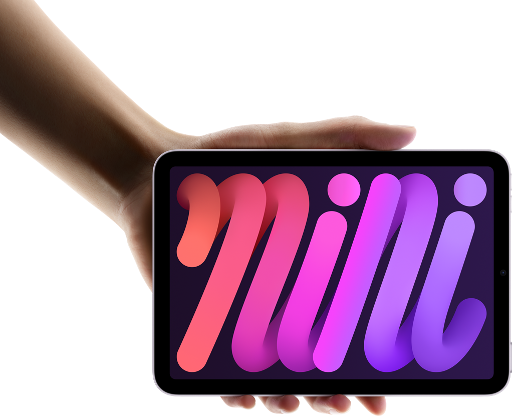 iPad mini holdes vandret af en bruger med den ene hånd for at vise, hvor lille og bærbar den er.