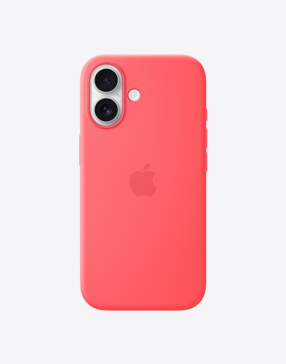 iPhone 17, face arrière avec coque en silicone jaune, système à deux caméras Fusion dans le coin supérieur gauche, logo Apple centré