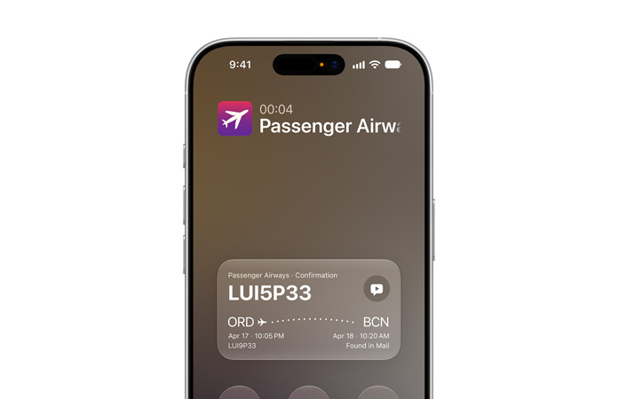 iPhone 17, displaying Call Context feature powered by Apple Intelligence. Screen shows airline confirmation details while on a call