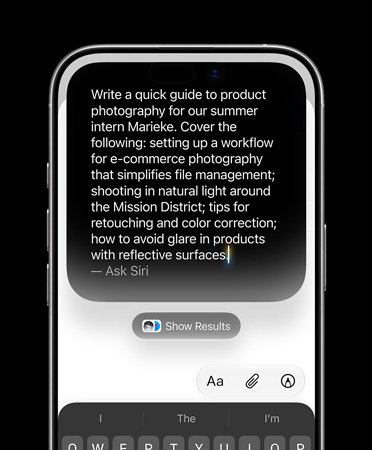 iPhone 17 showing detailed typed prompt for Write with Siri to create a draft