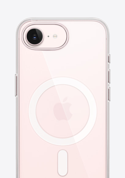iPhone 17e, parte posterior, acabado rosa pálido, con estuche transparente con MagSafe, cámara Fusion en la parte superior, logo de Apple en el centro