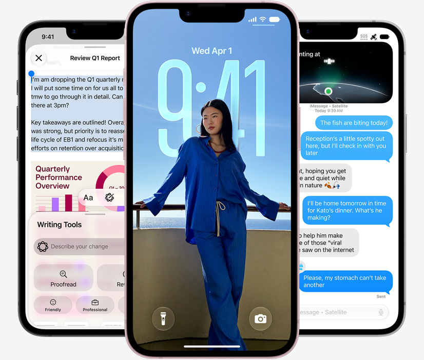 Three iPhone 17e devices, the left screen showing Apple Intelligence Writing Tools interface, with highlighted text in Quarterly Report document, center screen showing the lock screen with a portrait of a person in matching blue two-piece outfit, leaning against a railing, calendar and time apps behind them, right screen shows a iMessage conversation about dinner plans