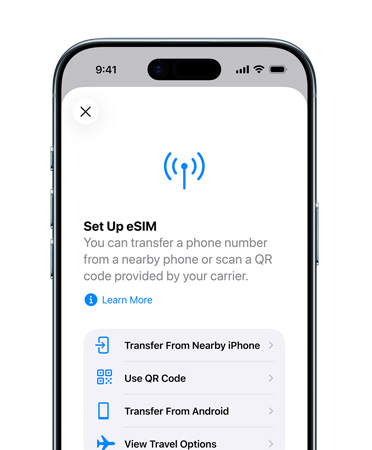iPhone Air vist forfra med funktionen Indstil mobilnetværk, der bruges til nemt at overføre et telefonnummer med eSIM