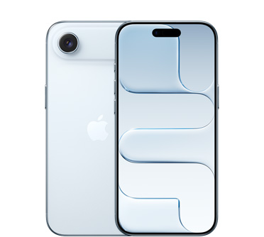 iPhone Air, back exterior, Sky Blue color, Fusion camera system at top, centered Apple logo, front exterior, Sky Blue color, Dynamic Island centered at top