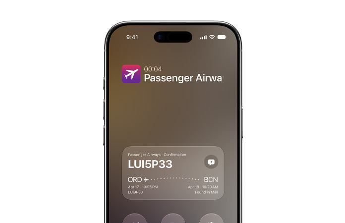 iPhone Air, displaying Call Context feature powered by Apple Intelligence. Front screen shows airline confirmation details while on a call