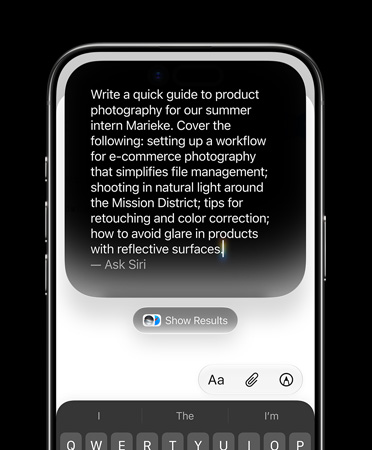 iPhone Air, screen showing detailed typed prompt for Write with Siri to create a draft