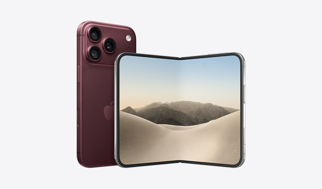 iPhone 18 Pro, Burgundy color angled back exterior, 48MP Pro Fusion camera system, Apple logo in center, side button, Camera Control, iPhone Duo, Star White color, front display, partially open landscape, one image across inner screen, thin black display border, rounded corners, side button, Camera Control