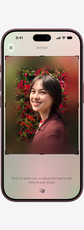 iPhone 18 Pro, front exterior, Spatial Reframing being used to reframe a close-up photo of a person with red roses behind her