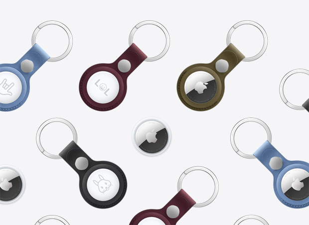 AirTag and AirTag FineWoven Key Ring: an array of colors including Glacier, Burgundy, and Green, key ring accessories display Apple logo on front or custom engravings on back
