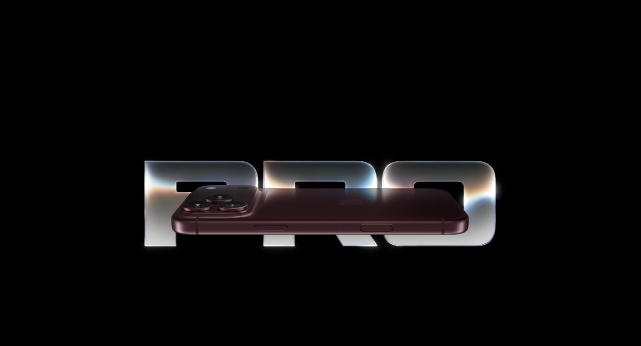 iPhone 18 Pro, partial side view, burgundy color, featuring a camera system with three lenses in the top left corner, flash and microphone, Apple logo in the middle, action and volume button featured slides over a giant text saying PRO