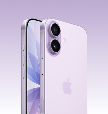 iPhone 17 in Lavender finish, partial-screen display and side angle shows - Action, volume and side button. Back exterior shows Dual Fusion camera system in top left corner.