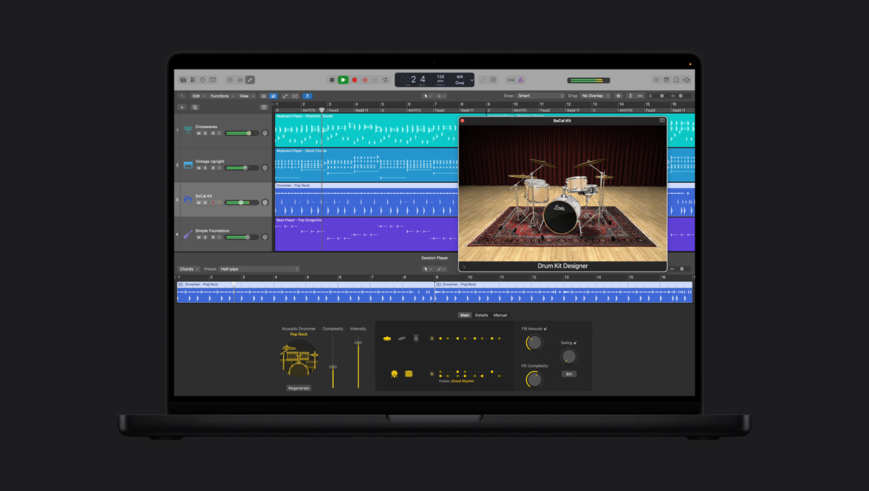 MacBook Pro 16 screen showing Acoustic Drummer, SoCal Kit window is open with Drum Kit Designer, to the left are rows for Crosswaves, Vintage Upright, SoCal Kit, Simple Foundation, at the bottom is Acoustic Drummer Pop Rock controls