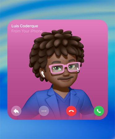 FaceTime Kişi Posteri, ortada Genmoji, sol üstte kişinin adı, yanıt için simgeler, daha fazla seçenek, alt kısımda telefonu kapatma ve açma