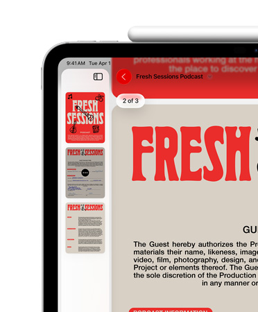 En iPad i vandret position med Apple Pencil magnetisk fastgjort øverst. Øverste venstre del af skærmen viser en PDF i Billedfremviser-appen.