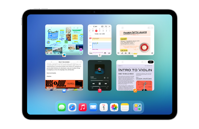 橫向放置的 iPad 螢幕上，顯示六個視窗分成兩行並排展開，包括日曆、備忘錄、Apple Music 和 Safari 等 app