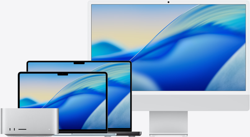 El fondo de pantalla de macOS Tahoe en los distintos modelos de Mac, de izquierda a derecha: Mac Studio, MacBook Air de 13 pulgadas en azul cielo, MacBook Pro de 14 pulgadas en negro espacial y iMac de 24 pulgadas en color plata