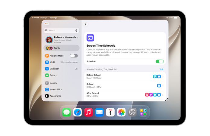 iPad Pro 11, Silver, screen shows Time Allowance and Screen Time Schedule options in Settings to allow time and media categories for their child