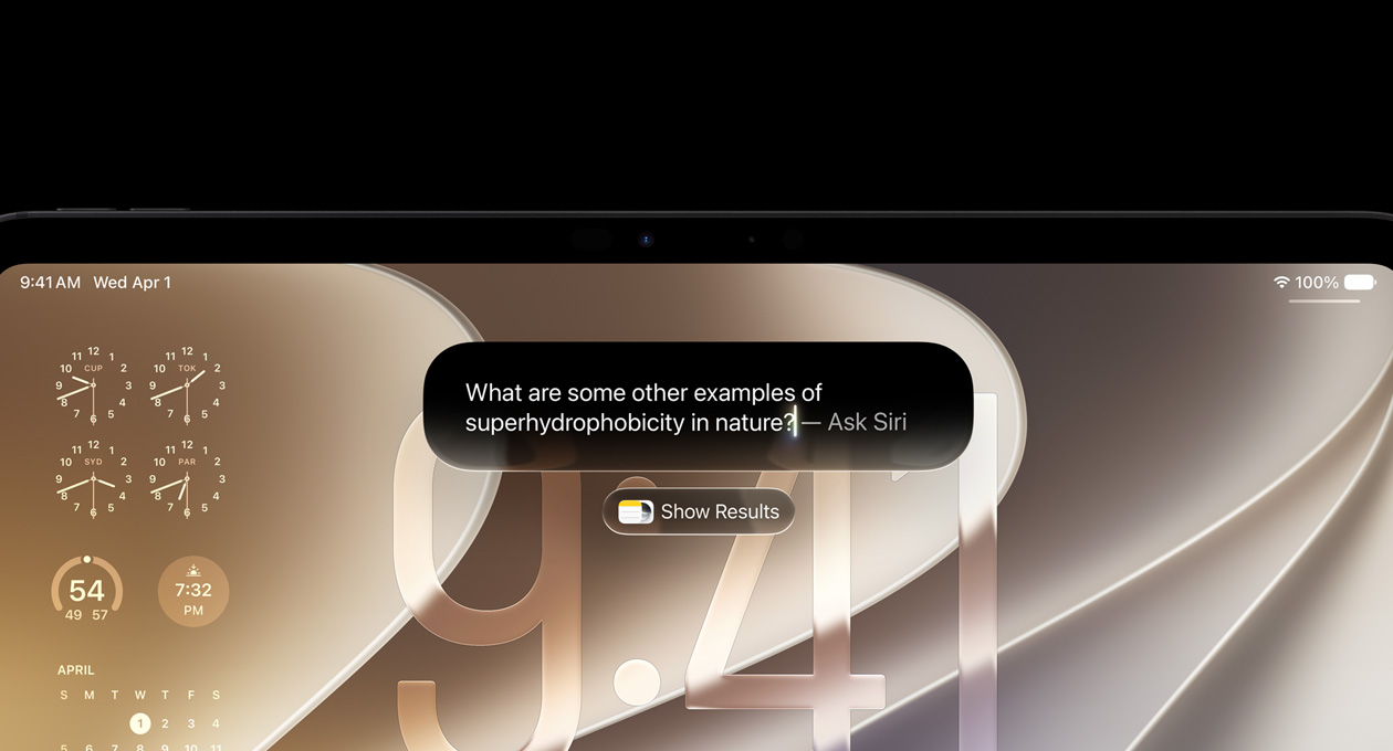 Siri AI user interface with query about superhydrophobicity, Show Results option displayed