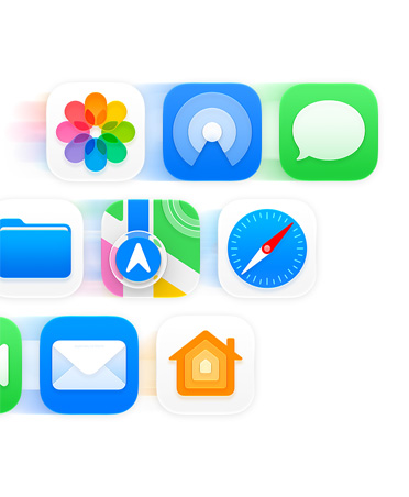 Grid of app icons like Messages, Safari, and Mail