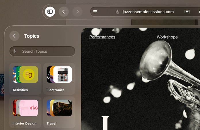 Apple Vision Pro with Safari open, Reading List grouped by topics visible
