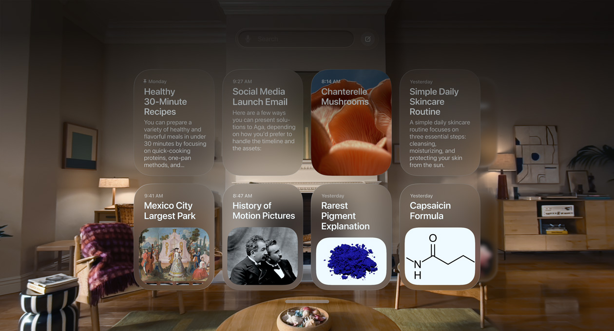 Apple Vision Pro view of a conversation with Siri, including a query and a detailed response with an image and text