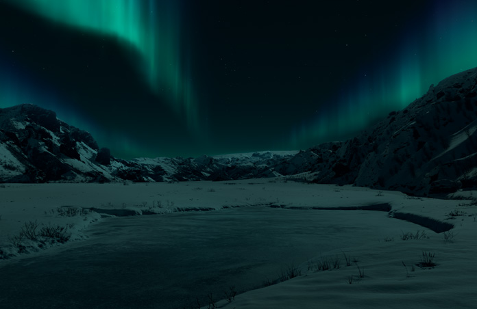 Apple Vision Pro view of an Icelandic Environment, snowy mountains and the Northern Lights sit against a dark background