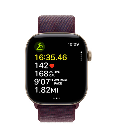 Apple Watch Series 12 in Light Gold Aluminum color and Burgundy Band, displaying workout metrics including time, heart rate, calories, and distance