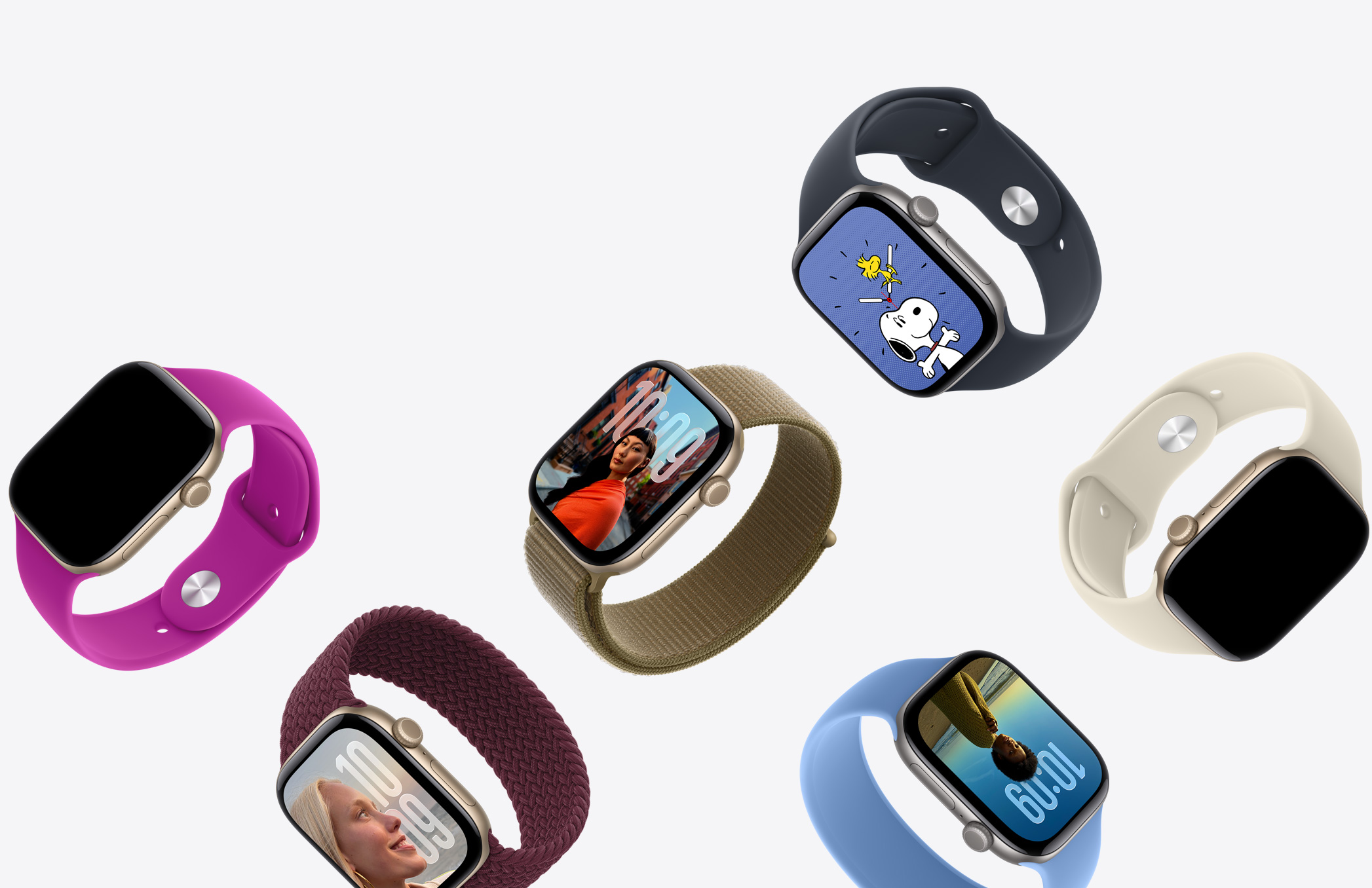 Apple Watch devices, various watch faces and case materials, connected to various colorful bands