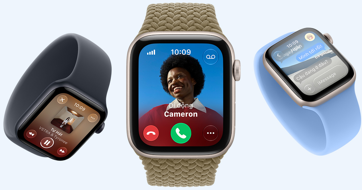 Apple Watch SE 3 devices, aluminum cases, starlight and midnight colors, screens show Apple Music, incoming call, Messages, bands: Solo Loop, navy blue and wildflower blue colors, Braided Solo Loop, olive color (earthy green)