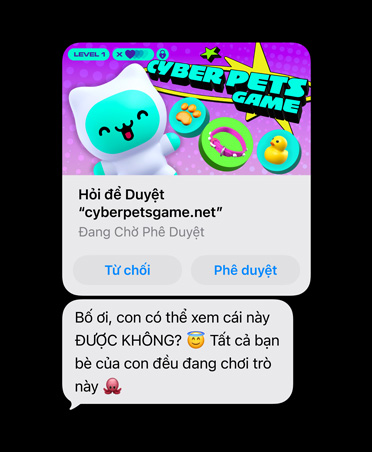 Screen showing text message with cyberpetsgame.net screengrab, Decline and Approve buttons under graphic, message text, Dad, can I please check this out, all my friends are on it already